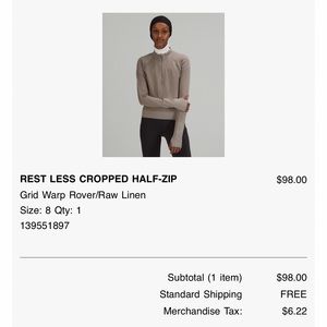 Lulu Lemon Rest Less cropped half-Zip sz 8 w/tags